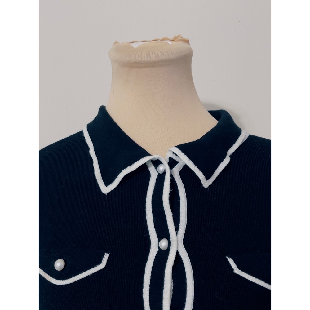 Jason Wu Black Knit Preppy Nautical Top Size M Pearl Trim Classic Minimalist - Picture 2 of 8